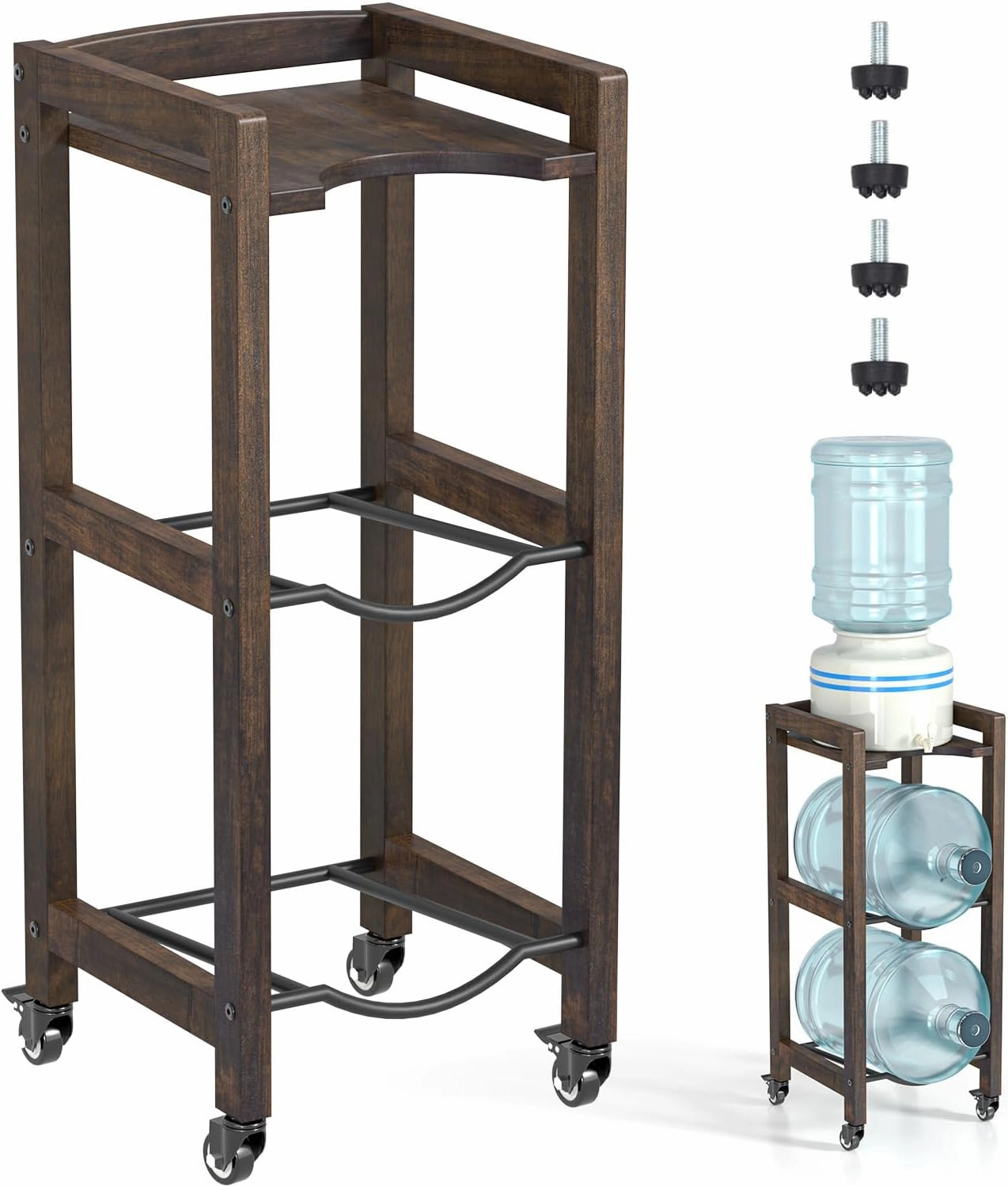 3-Tier 5 Gallon Water Jug Holder with Top Shelf – 4 Metal Wheels or Adjustable Feet – Natural Hardwood Water Dispenser Floor Stand – Wooden Organizer for Kitchen, Office, Garage – Space-Saving Design