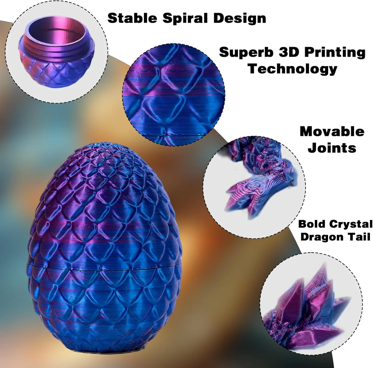 3D Printed Dragon Egg with Articulated Dragon Inside, Fidget Toys for Adults Stress Relief, Unique Dragon Figurine Toys Birthdays Kids Valentines Day Gifts for School (Laser Violet)