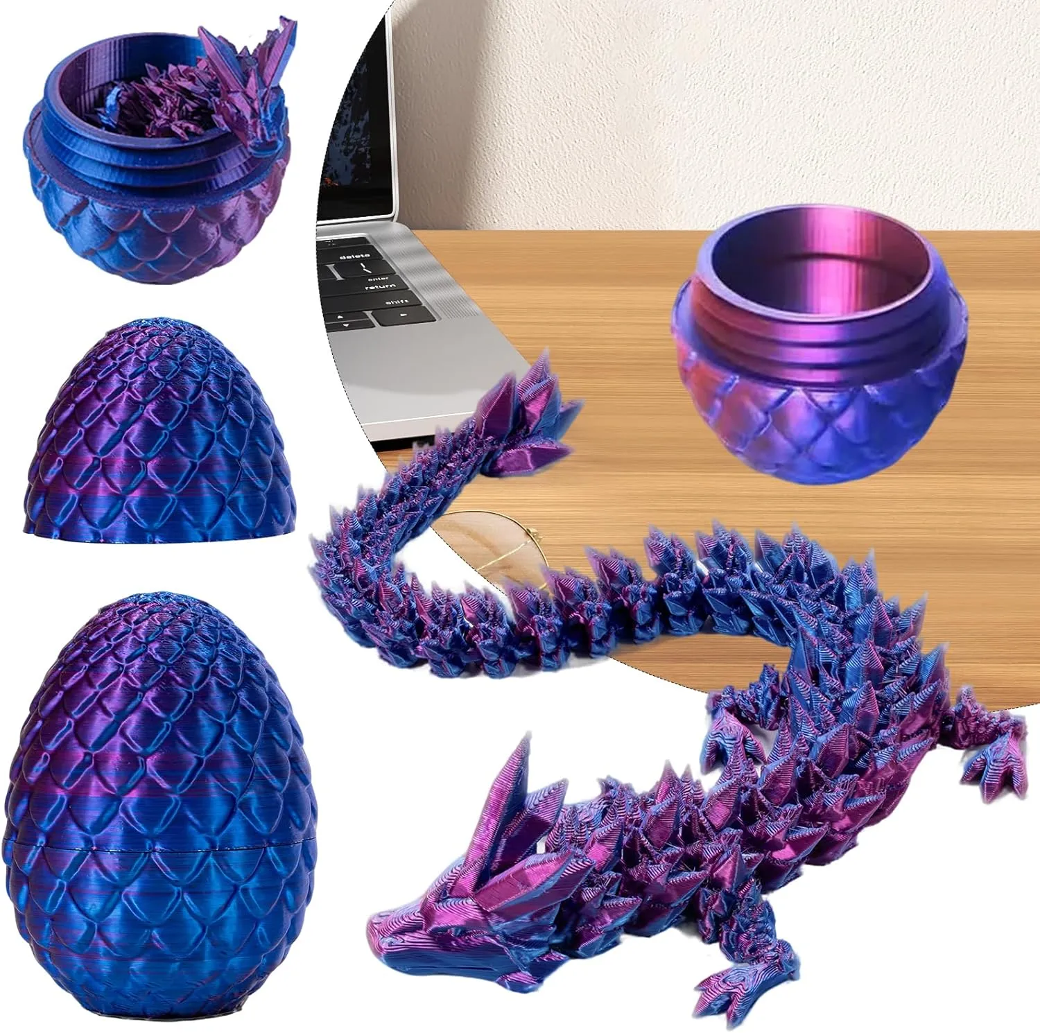 3D Printed Dragon Egg with Articulated Dragon Inside, Fidget Toys for Adults Stress Relief, Unique Dragon Figurine Toys Birthdays Kids Valentines Day Gifts for School (Laser Violet)