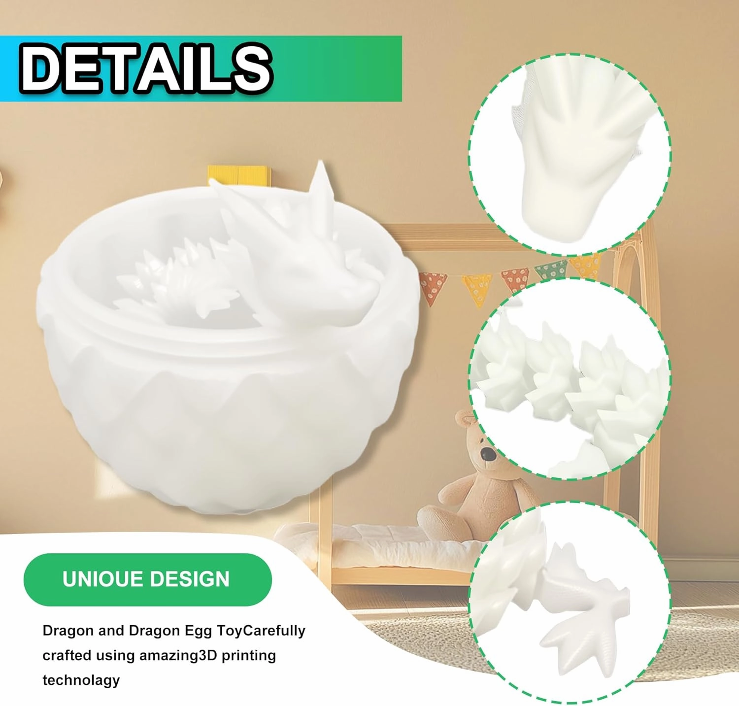 3D Printed Dragon Egg with Articulated Dragon Inside, Fidget Toys for Adults Stress Relief, Unique Home Office Desk Decor Crystal Easter Basket Stuffers (Glow in The Dark)