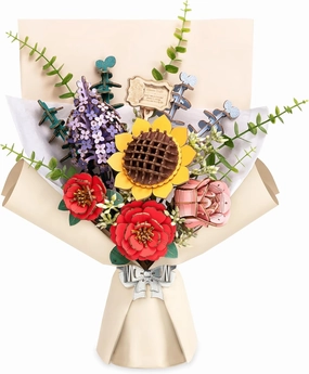 3D Wooden Puzzles Flower Bouquet Model Kit Building Set for Adults, Wooden Flower Building Toy Botanical Collection, Creative Gift Idea Home Decor(Sunflower/Red Camellia/Pink Rose/Lilac)