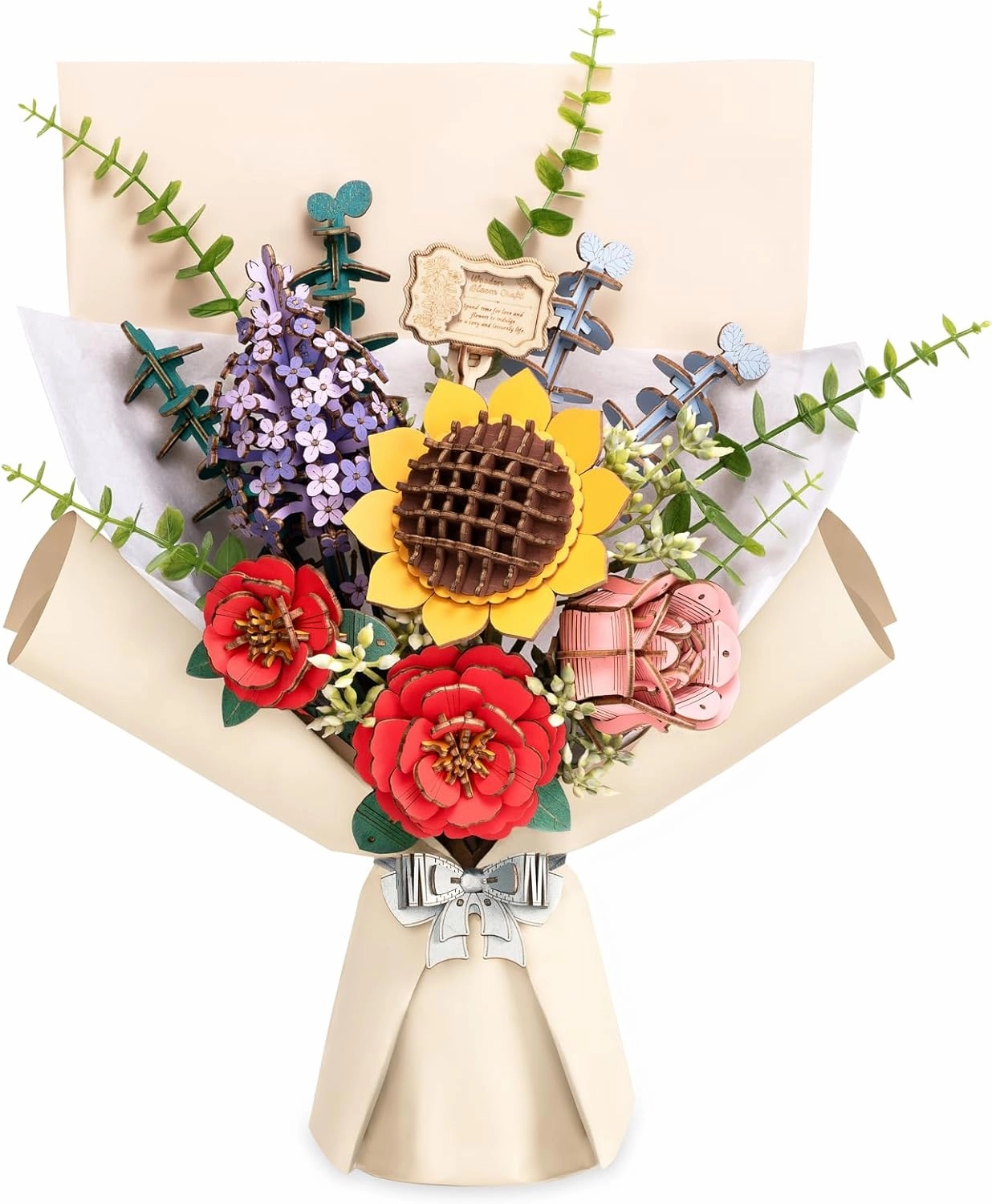 3D Wooden Puzzles Flower Bouquet Model Kit Building Set for Adults, Wooden Flower Building Toy Botanical Collection, Creative Gift Idea Home Decor(Sunflower/Red Camellia/Pink Rose/Lilac)