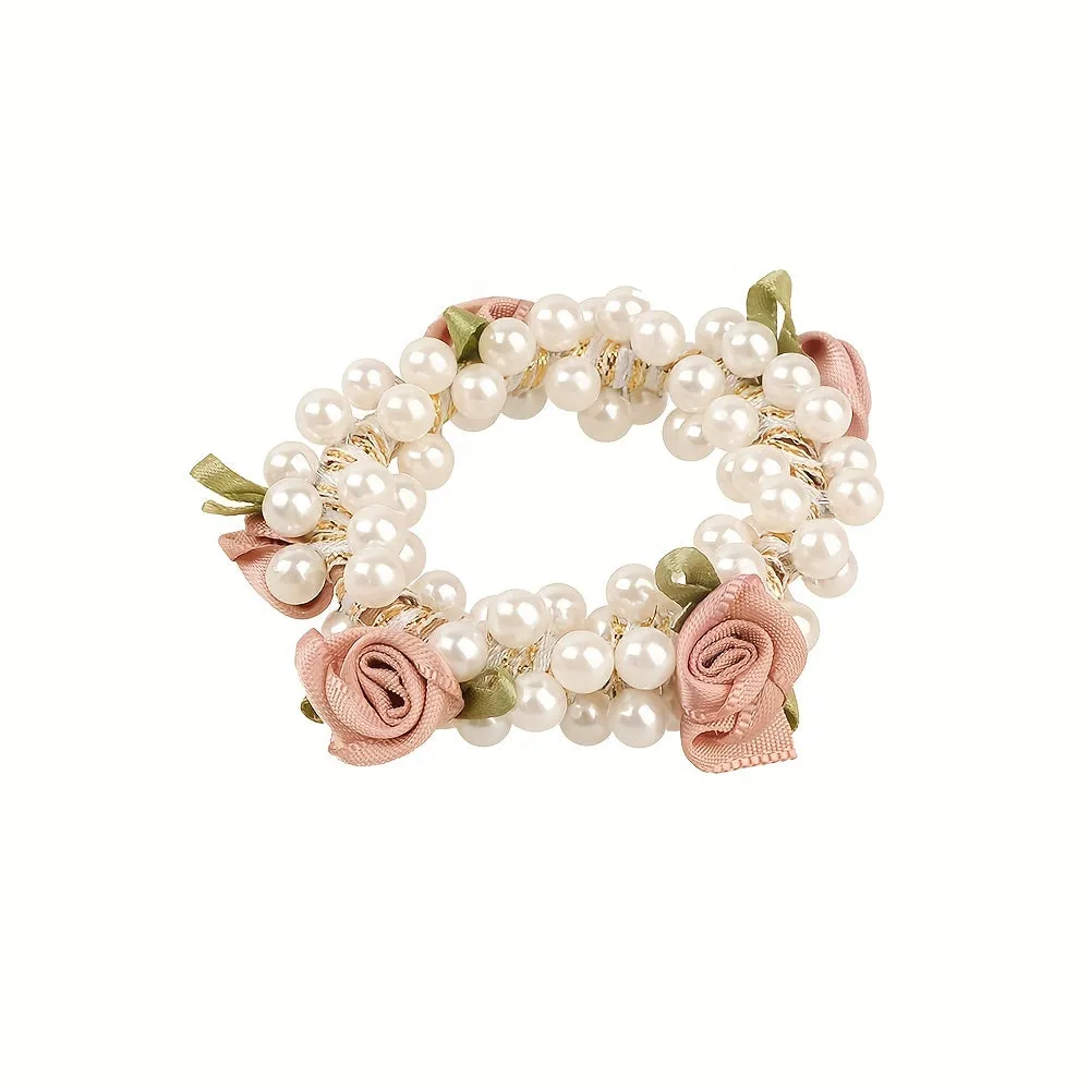 3pcs Faux Pearl Beaded Hair Tie Fabric Rose Leaves Hair Rope Sweet Ponytail Holders Hair Accessories For Women Girls