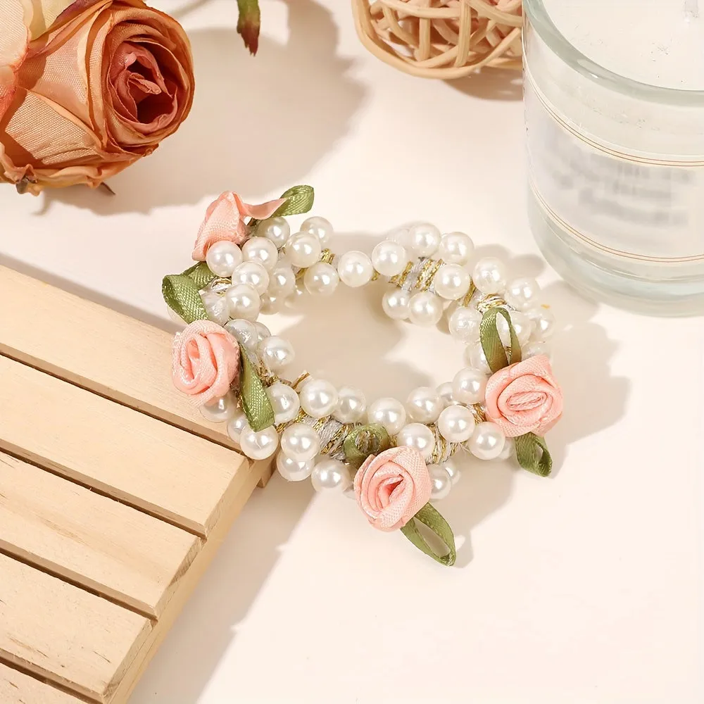 3pcs Faux Pearl Beaded Hair Tie Fabric Rose Leaves Hair Rope Sweet Ponytail Holders Hair Accessories For Women Girls