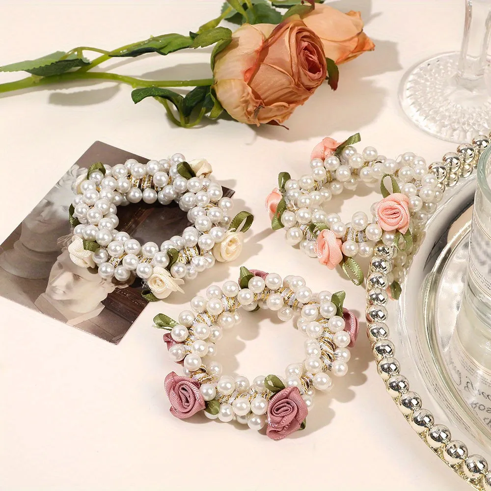 3pcs Faux Pearl Beaded Hair Tie Fabric Rose Leaves Hair Rope Sweet Ponytail Holders Hair Accessories For Women Girls