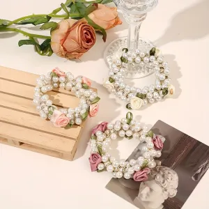 3pcs Faux Pearl Beaded Hair Tie Fabric Rose Leaves Hair Rope Sweet Ponytail Holders Hair Accessories For Women Girls