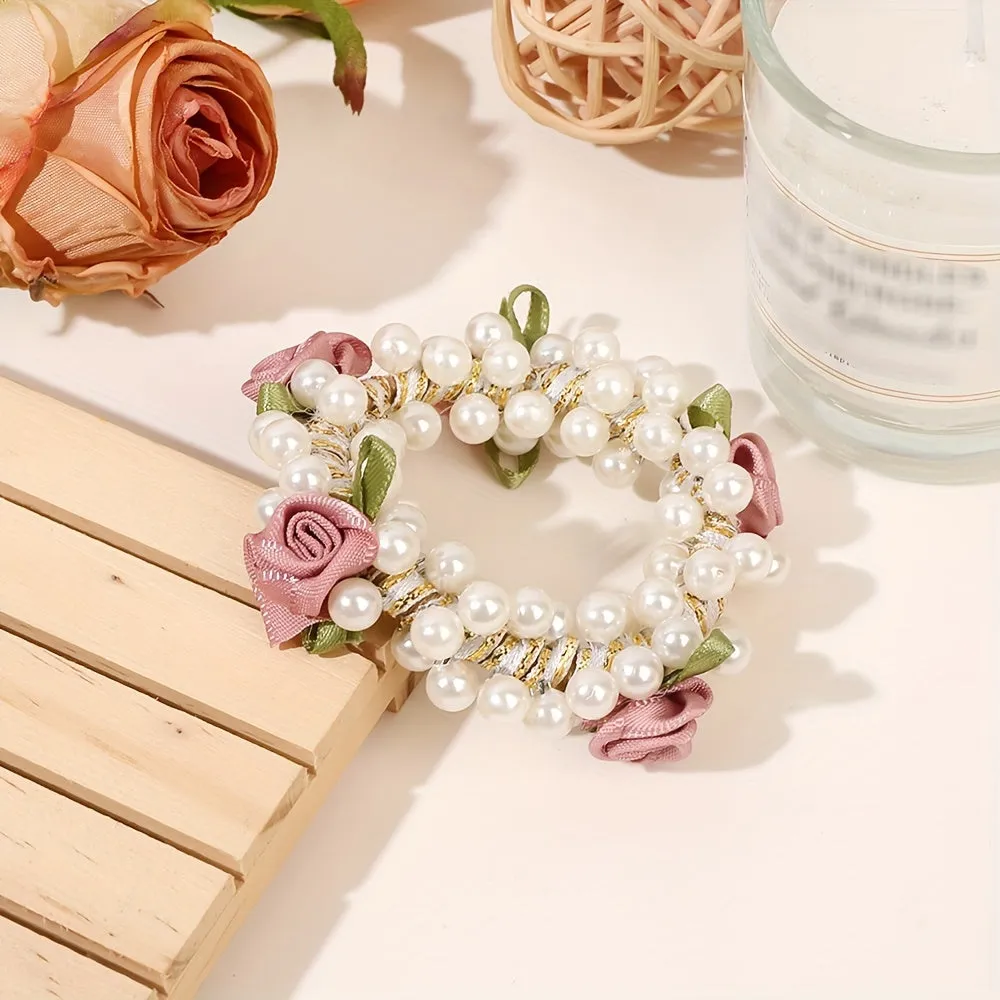 3pcs Faux Pearl Beaded Hair Tie Fabric Rose Leaves Hair Rope Sweet Ponytail Holders Hair Accessories For Women Girls