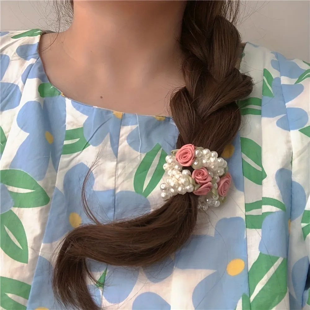 3pcs Faux Pearl Beaded Hair Tie Fabric Rose Leaves Hair Rope Sweet Ponytail Holders Hair Accessories For Women Girls