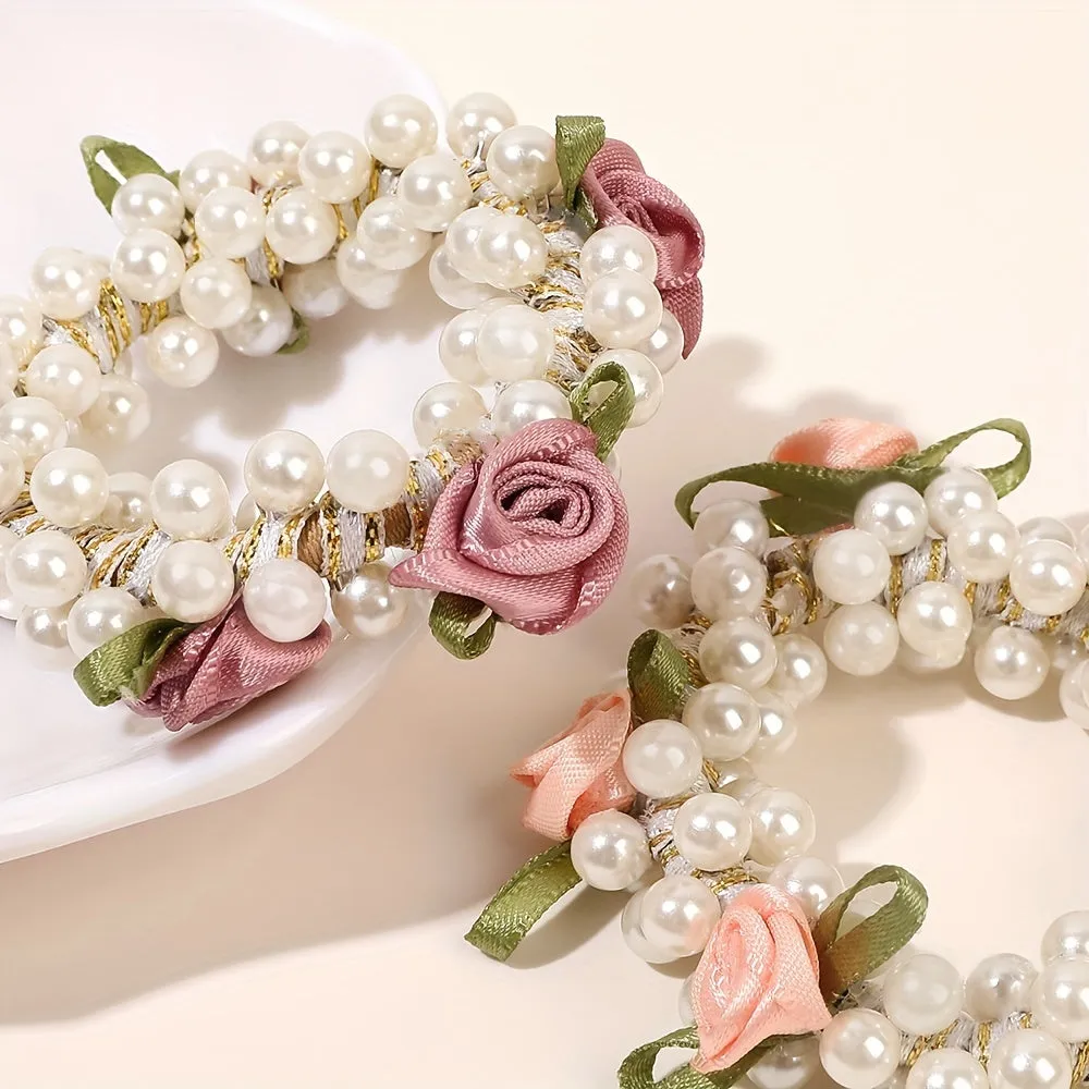 3pcs Faux Pearl Beaded Hair Tie Fabric Rose Leaves Hair Rope Sweet Ponytail Holders Hair Accessories For Women Girls