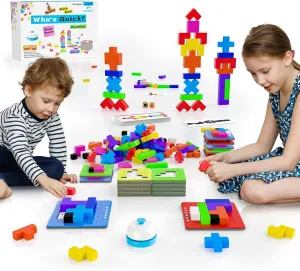 4-in-1 Family Board Games, 120 Pcs Wooden Multi-Level Montessori Toy Fast 3D Shape Pattern Matching Puzzle Stacking Building Blocks Fun Game for Kids Adults Family Night/Party, 1-6 Players Ages 4 