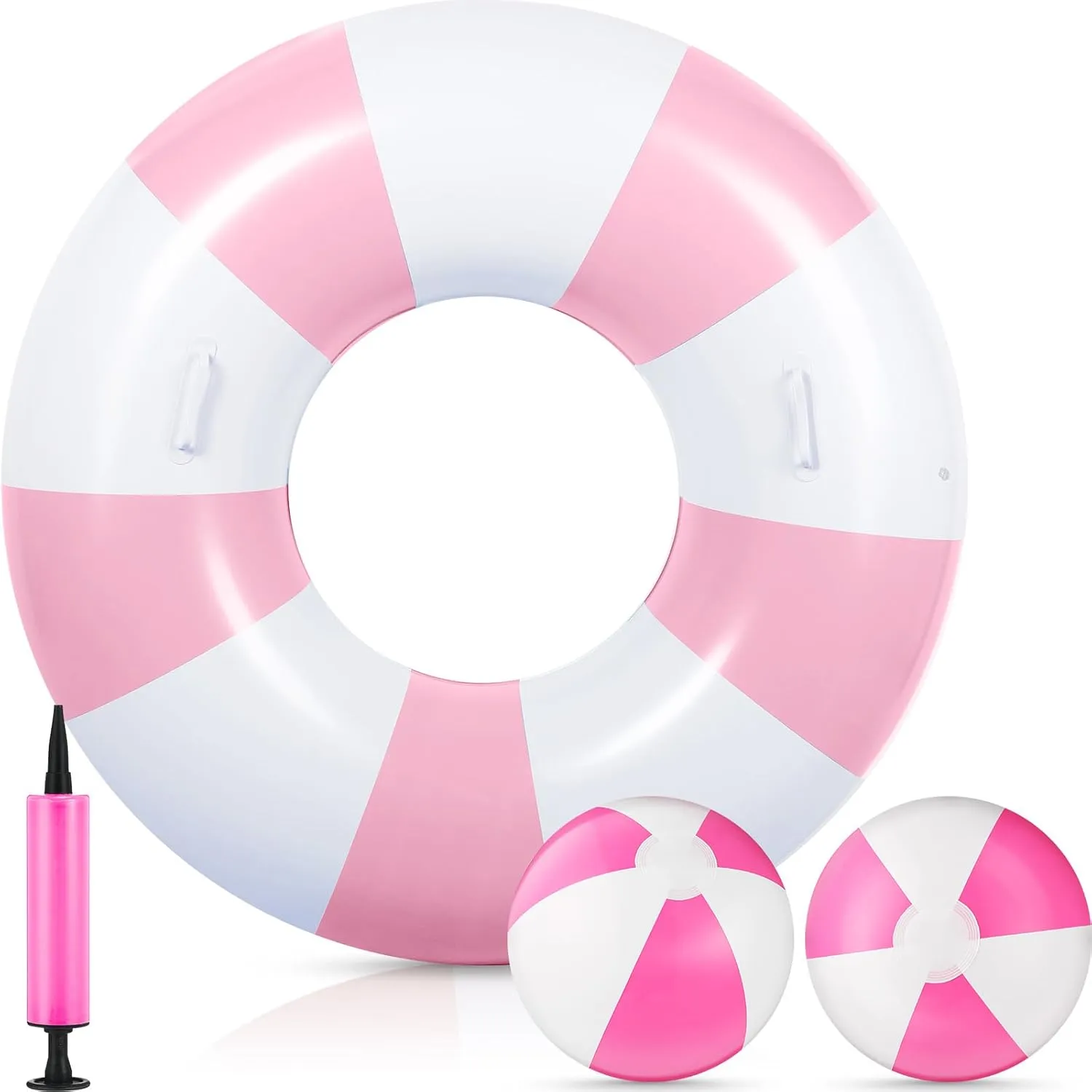 4 Pcs Inflatable Pool Float Set Includes 39.37'' Tubes Striped Pool Rings Swimming Rings with Handles 14.96'' Beach Ball and Air Pump for Adult Water Games Summer Beach