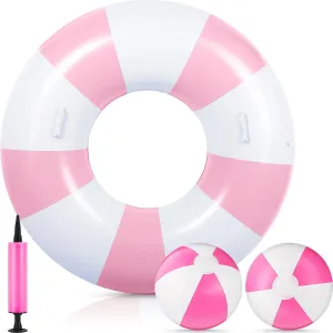 4 Pcs Inflatable Pool Float Set Includes 39.37'' Tubes Striped Pool Rings Swimming Rings with Handles 14.96'' Beach Ball and Air Pump for Adult Water Games Summer Beach