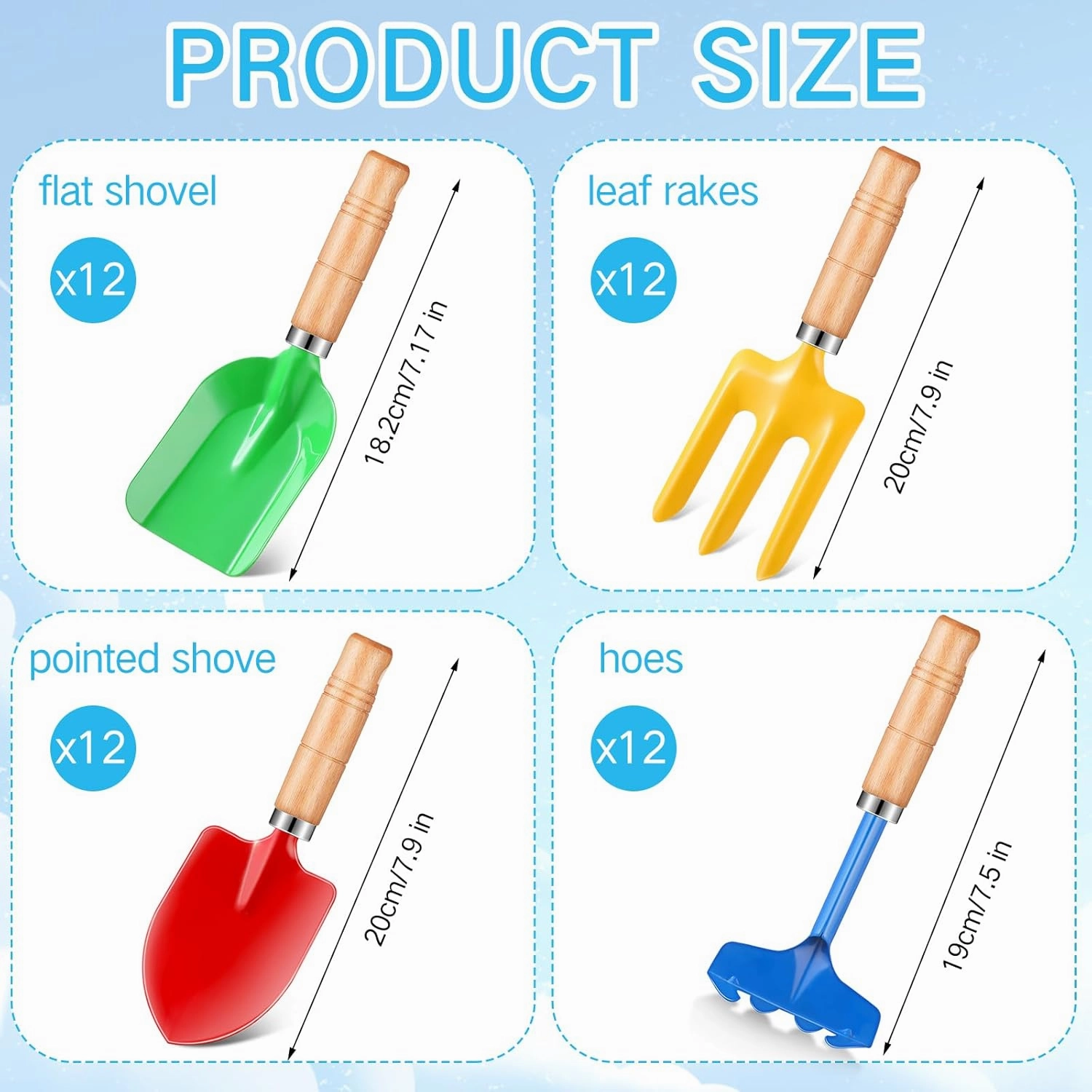 48 Pcs Kids Gardening Tools Metal Garden Beach Sandbox Digging Toys Including Shovel, Rake, Fork and Trowel, Garden Beach Sand Tools with Wooden Handle Hoe for Children Gift Outdoor Gardening