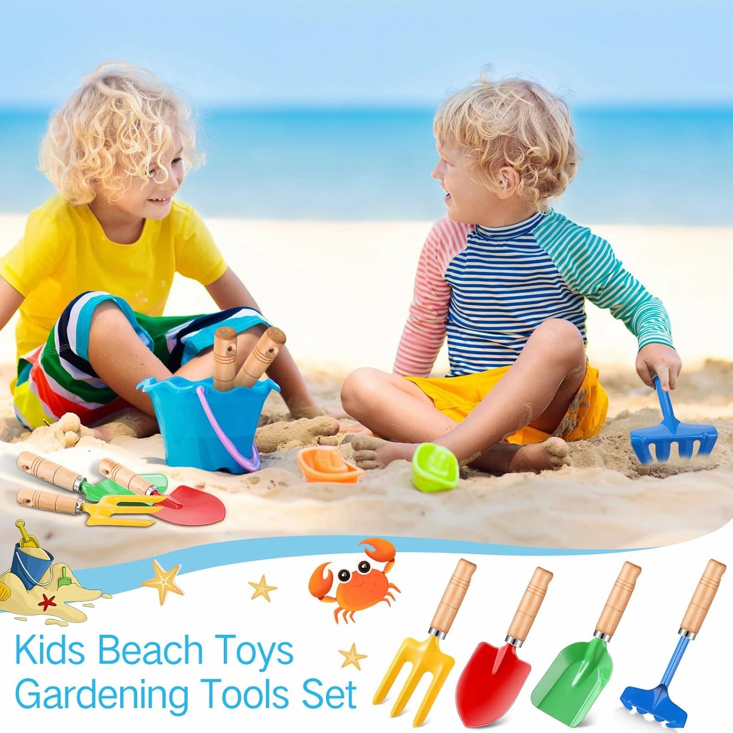 48 Pcs Kids Gardening Tools Metal Garden Beach Sandbox Digging Toys Including Shovel, Rake, Fork and Trowel, Garden Beach Sand Tools with Wooden Handle Hoe for Children Gift Outdoor Gardening