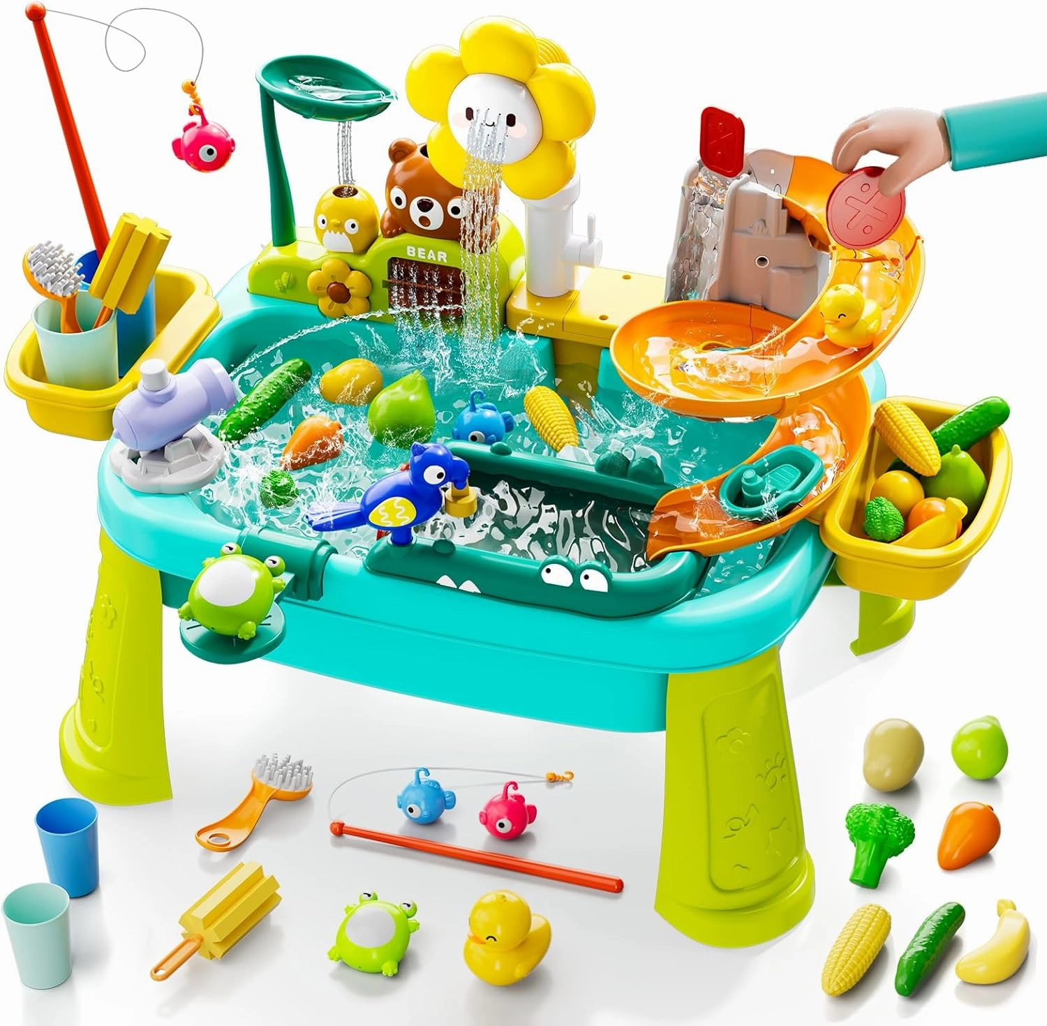 4-in-1 Kids Play Sink with Running Water, Mini Water Table with Detachable Legs, Upgraded Faucet and Dishes, Children Electric Dishwasher Toy, Kitchen Sensory Set (Blue)