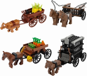 4 Kind of Medieval Carriage Building Blocks,Ancient Grain Horsecart Oxcart Bricks Set,Medieval Prisoner Soldier Vehicles Building Set,MOC Medieval Castle Accessories Suitable for The Leading Brand