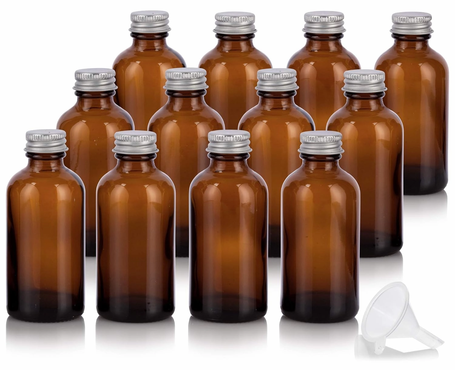 4 oz Amber Glass Boston Round Bottles with Silver Metal Screw On Caps (12 Pack)   Funnel Refillable Empty Storage Containers