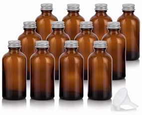 4 oz Amber Glass Boston Round Bottles with Silver Metal Screw On Caps (12 Pack)   Funnel Refillable Empty Storage Containers