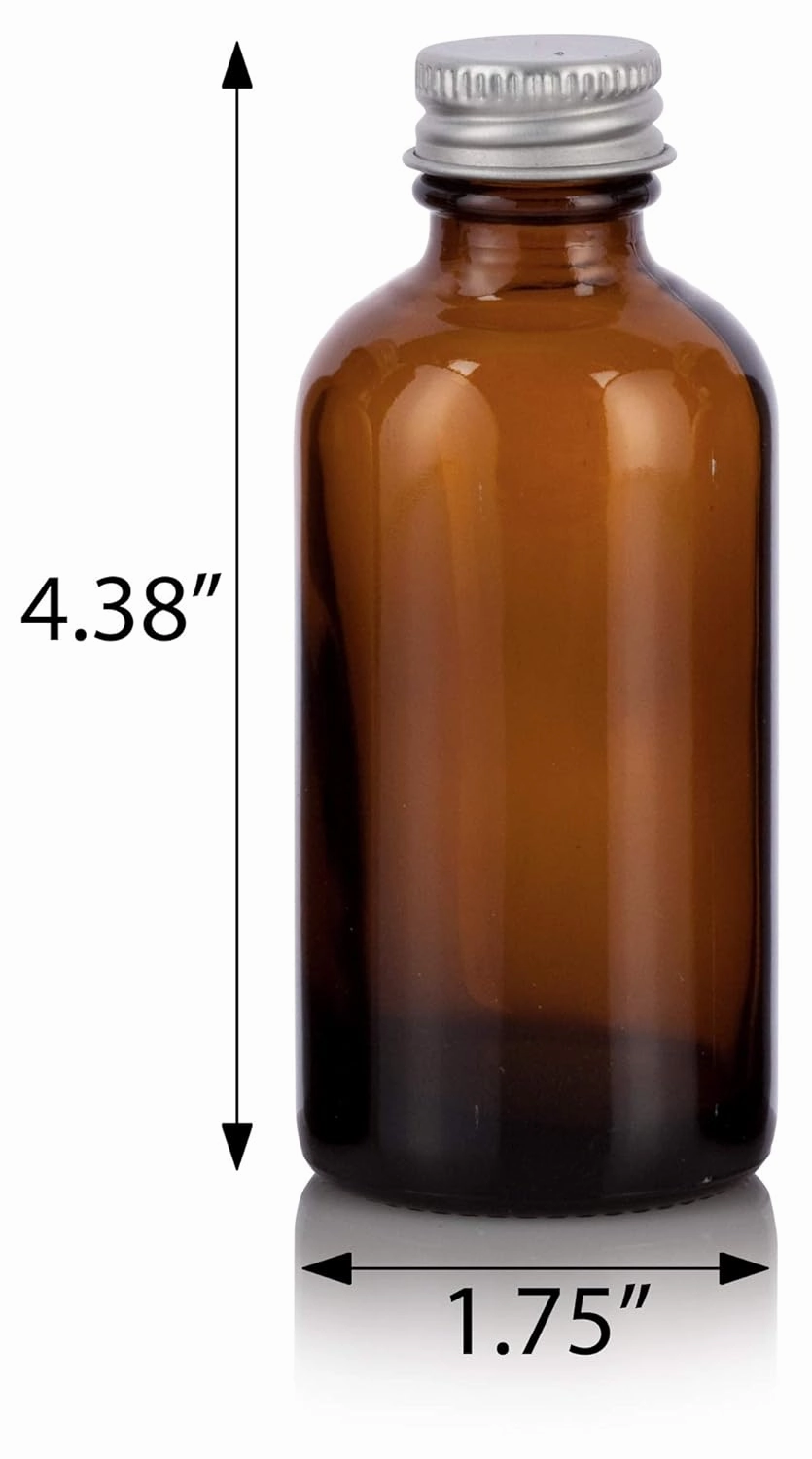 4 oz Amber Glass Boston Round Bottles with Silver Metal Screw On Caps (12 Pack)   Funnel Refillable Empty Storage Containers