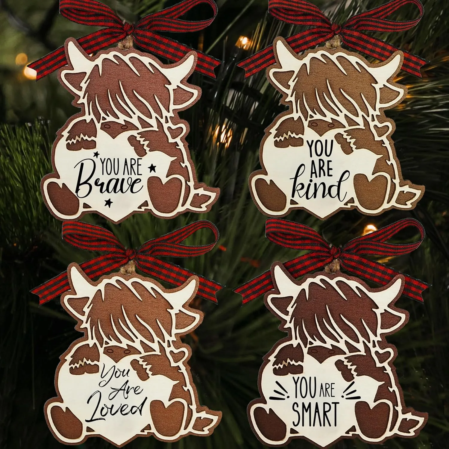 4Pcs Highland Cow Wooden Ornament Gifts for Cow Lover, Cute Farm Home Ornament for Animal Lover, You are Loved Brave Smart Kind Inspirational Motivational Gifts for Women Kids