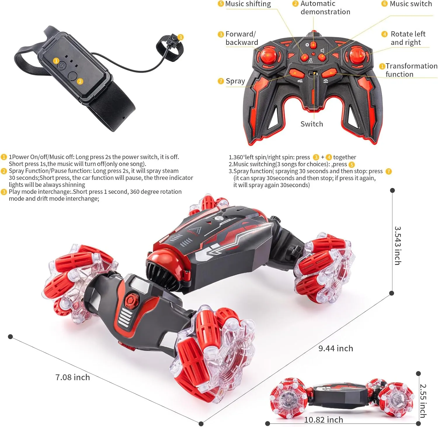 4WD Stunt Car, 2.4 GHz Gesture Sensor RC Cars, Double-Sided Vehicle 360° Flip RC Twist Buggy with Music Spray - Best Christmas and Birthday Present for Boys and Girls Aged 6-12 (Red)