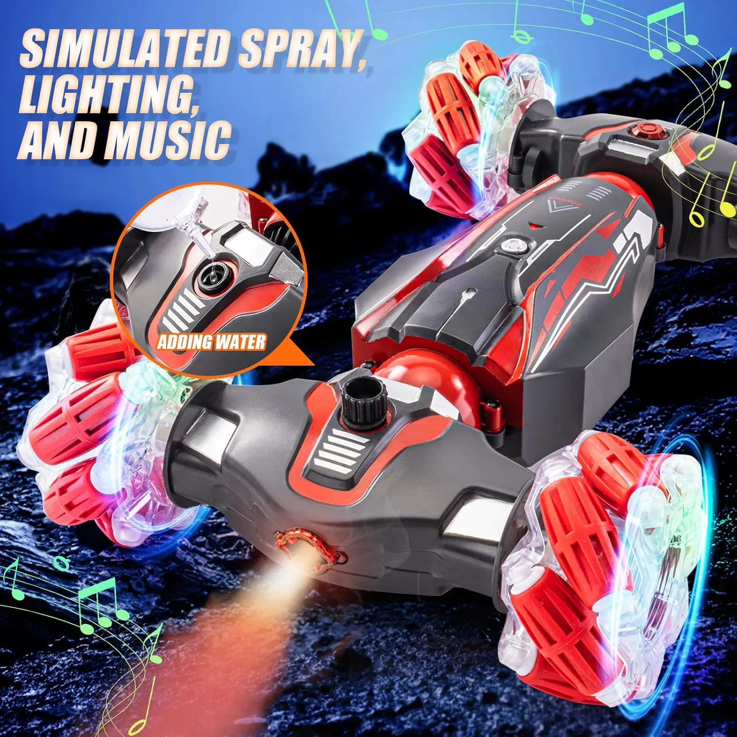 4WD Stunt Car, 2.4 GHz Gesture Sensor RC Cars, Double-Sided Vehicle 360° Flip RC Twist Buggy with Music Spray - Best Christmas and Birthday Present for Boys and Girls Aged 6-12 (Red)