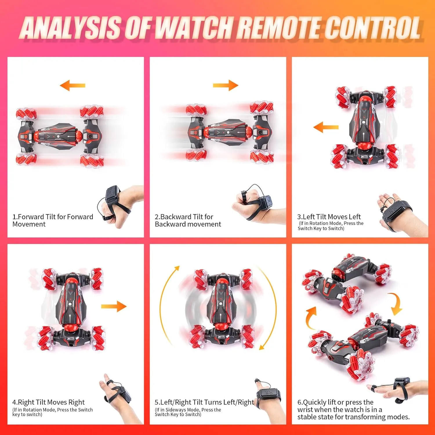 4WD Stunt Car, 2.4 GHz Gesture Sensor RC Cars, Double-Sided Vehicle 360° Flip RC Twist Buggy with Music Spray - Best Christmas and Birthday Present for Boys and Girls Aged 6-12 (Red)