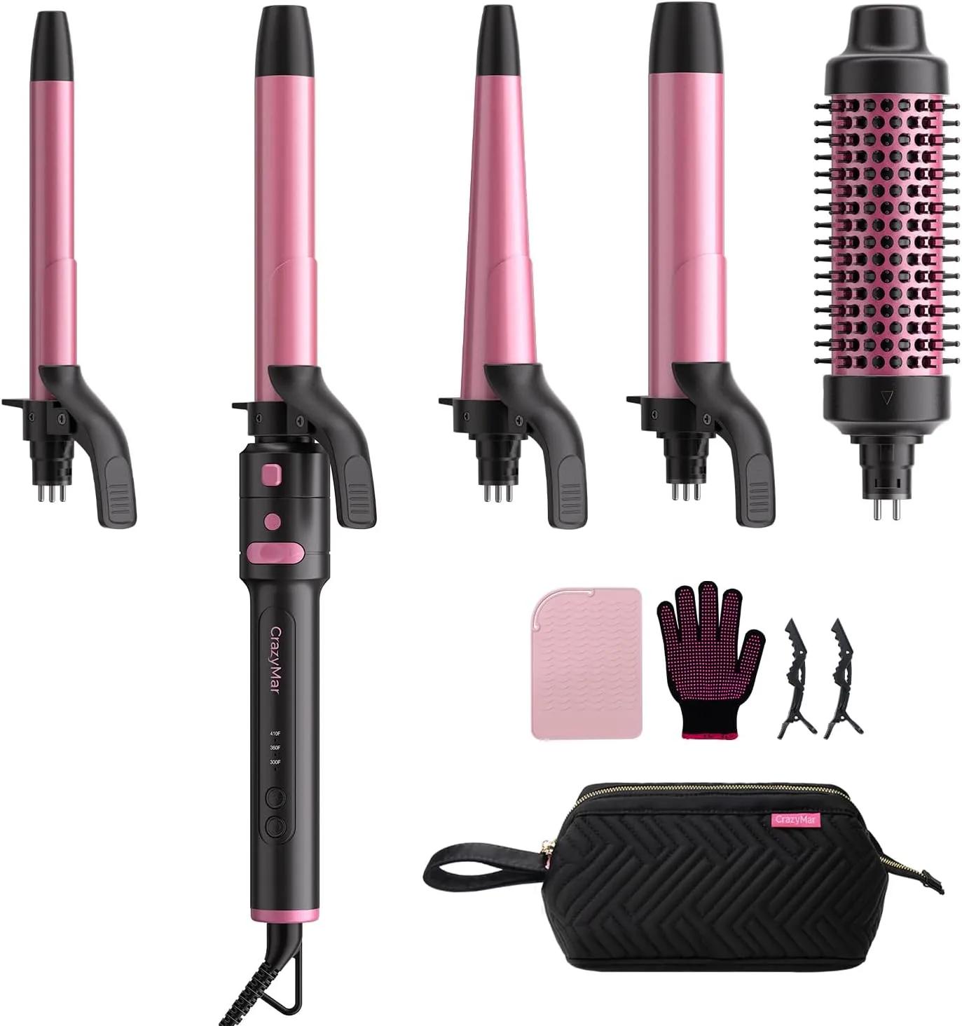 5-in-1 Rotating Curling Iron Set,Automatic Interchangeable Hair Curler with 5 Ceramic Barrels (3/4,1,1.25 Inch) | Fast Heating, Dual Voltage for Long-Lasting Curl Styling/Beach Wave