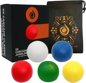 5 x Pro 115g Cascade Classic Juggling Balls - Thud Juggling Balls & Bag - Set of 5 Juggling Balls (Red, Blue, Green, Yellow, White)