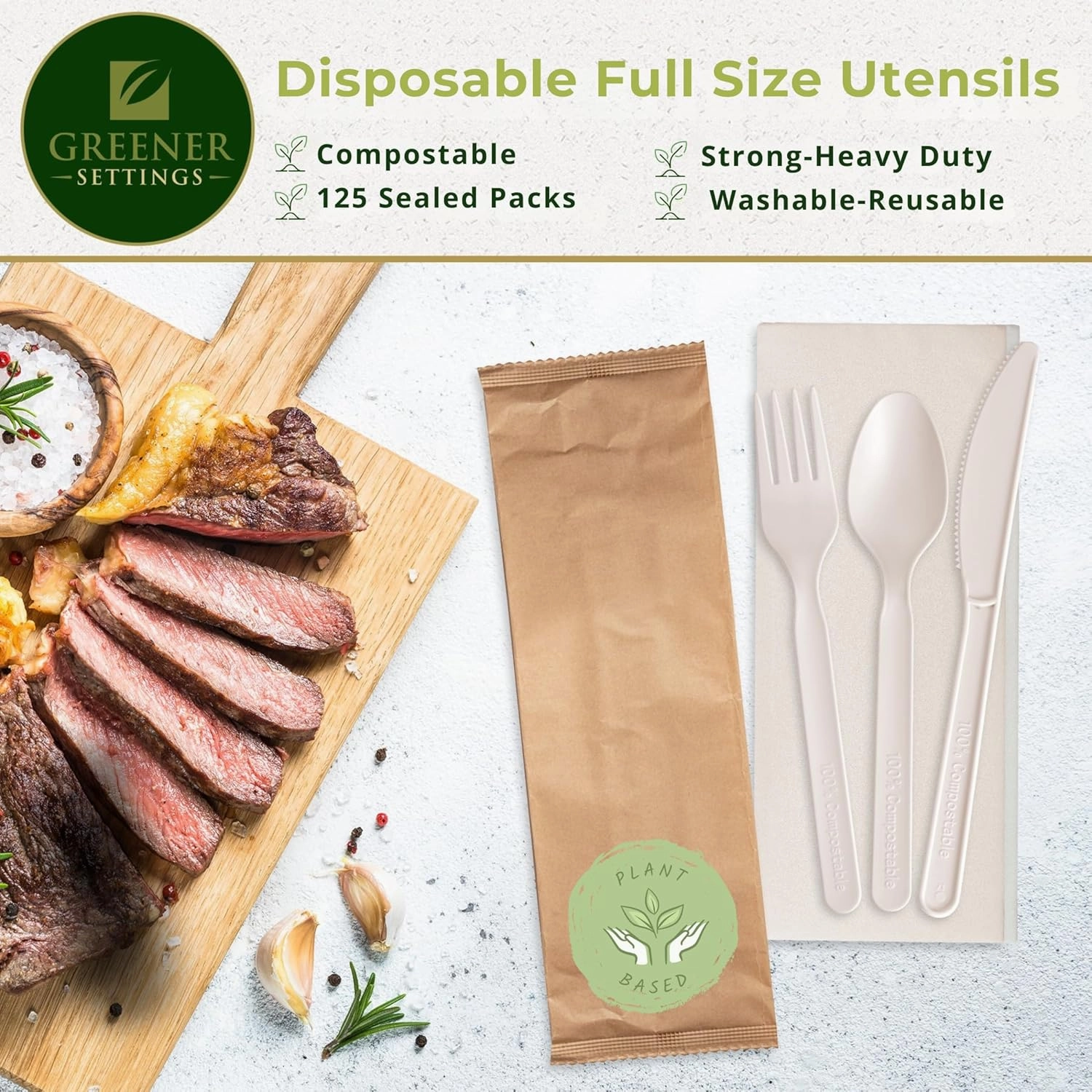 500 Sets By Greener Settings Disposable Compostable Forks Spoons Knives Napkins Individually Wrapped Utensils Recyclable Silverware Pouches (Bulk Case)