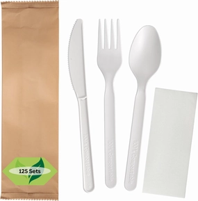 500 Sets By Greener Settings Disposable Compostable Forks Spoons Knives Napkins Individually Wrapped Utensils Recyclable Silverware Pouches (Bulk Case)