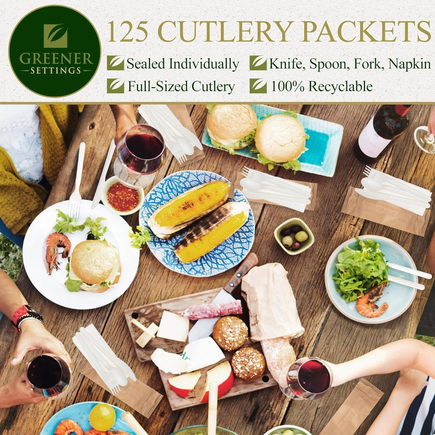 500 Sets By Greener Settings Disposable Compostable Forks Spoons Knives Napkins Individually Wrapped Utensils Recyclable Silverware Pouches (Bulk Case)