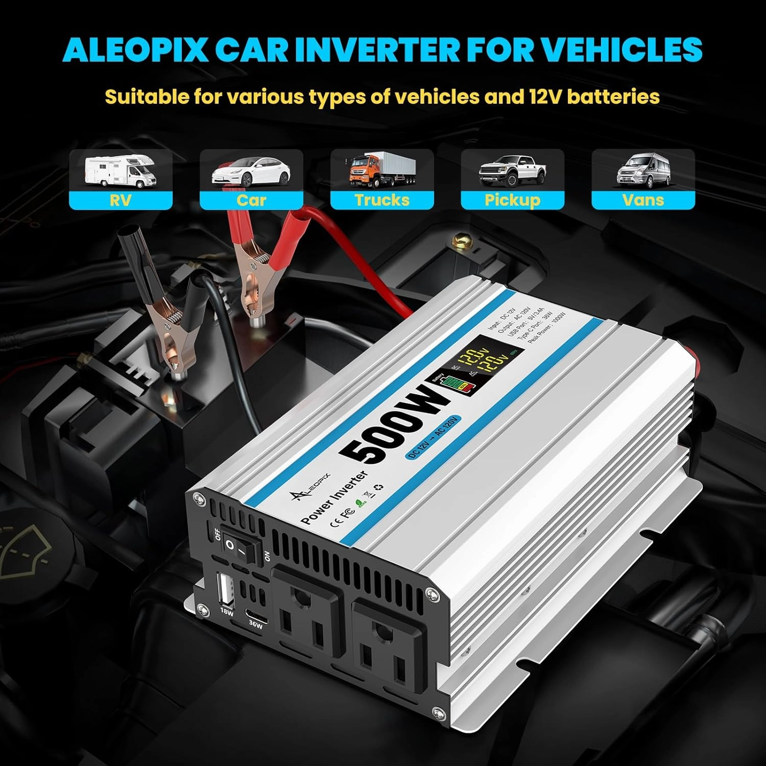 500W Car Power Inverter 12V DC to 110V AC, Car Charger Plug in Adapter Outlet with 2 AC Outlets&PD 36W USB-C&QC 18W Port, Portable Power Converters for Laptop Vehicles Camping Road Trip