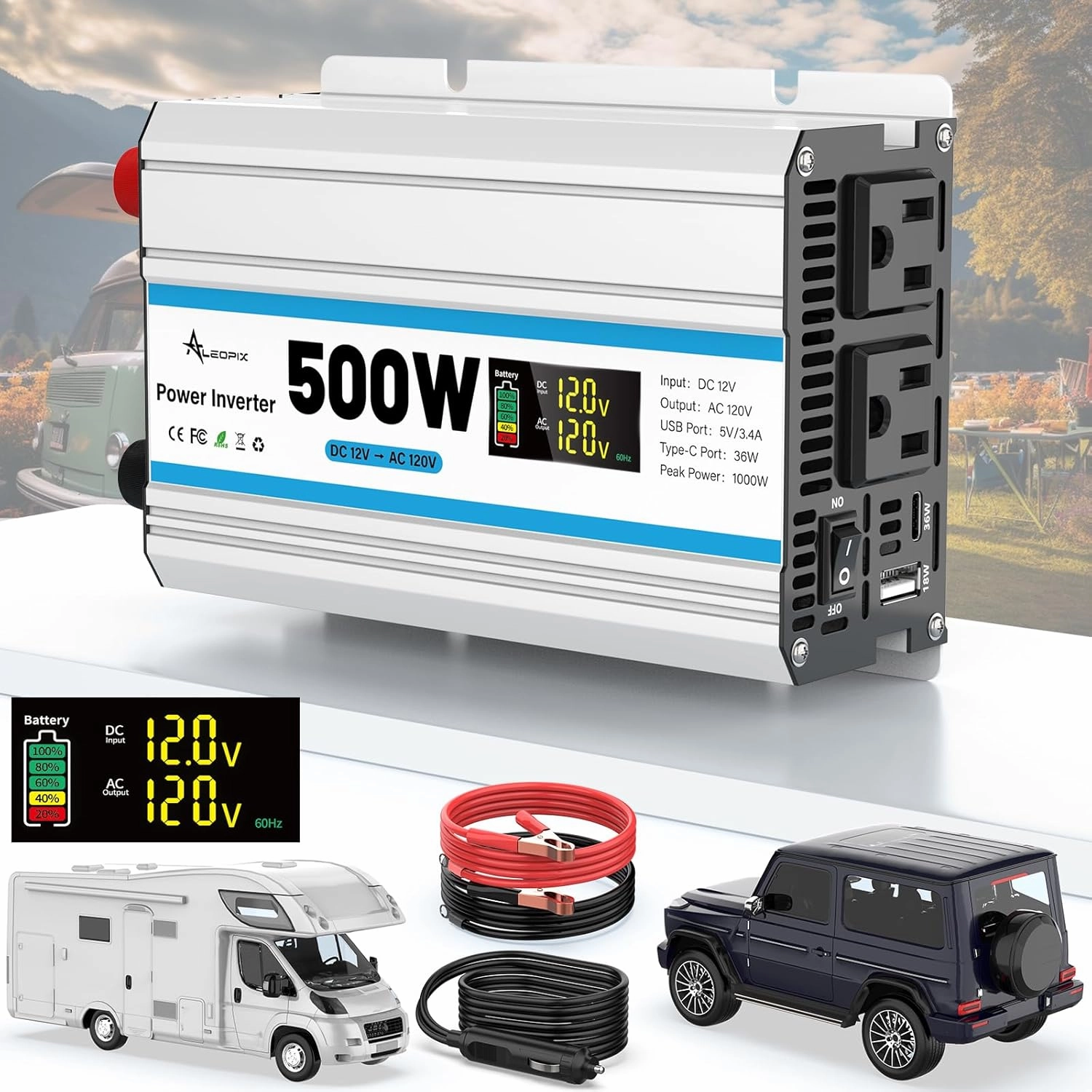 500W Car Power Inverter 12V DC to 110V AC, Car Charger Plug in Adapter Outlet with 2 AC Outlets&PD 36W USB-C&QC 18W Port, Portable Power Converters for Laptop Vehicles Camping Road Trip
