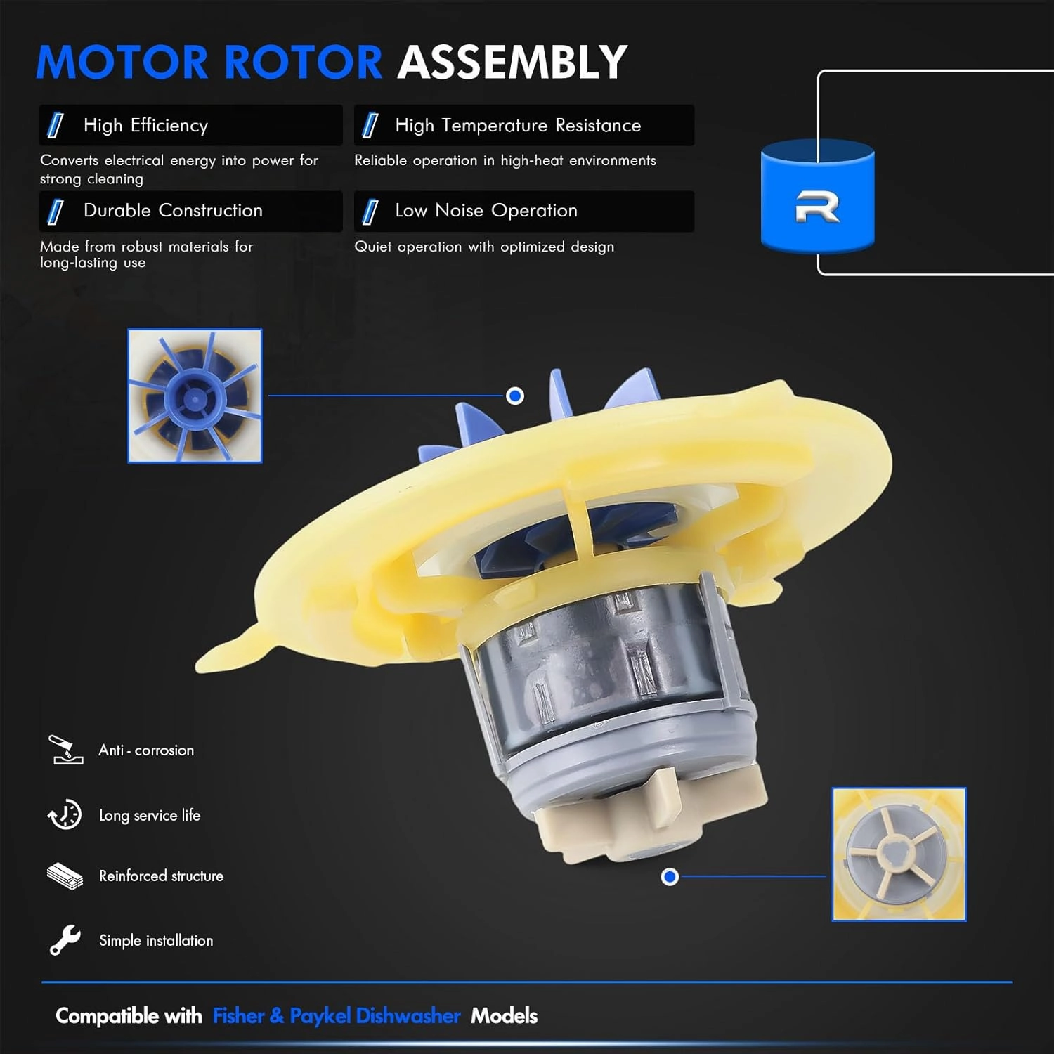 524185P Motor Rotor Assembly Fit for Fisher & Paykel Dishwasher Pump Motor, Suits Starting DD601 DS601 DD602 DS602 DD603 DS603 Models, Replacement Part OEM Appliance Parts, Replace# 525884P, 524307P