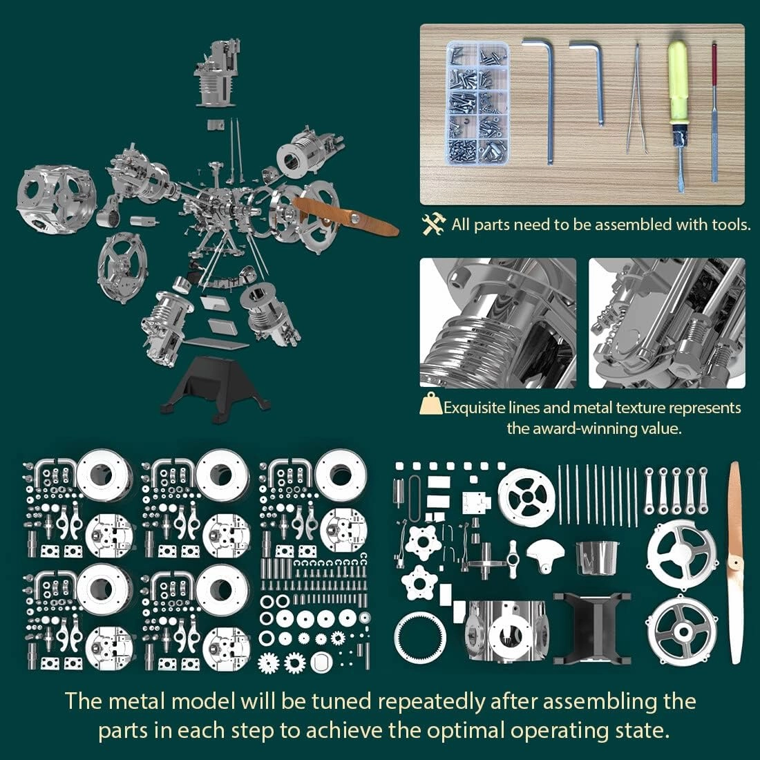 5-Cylinder Radial Engine Kits, 250 PCS 1/6 5-Cylinder Radial Aircraft Engine Simulation Electric Model for Aviation Enthusiasts