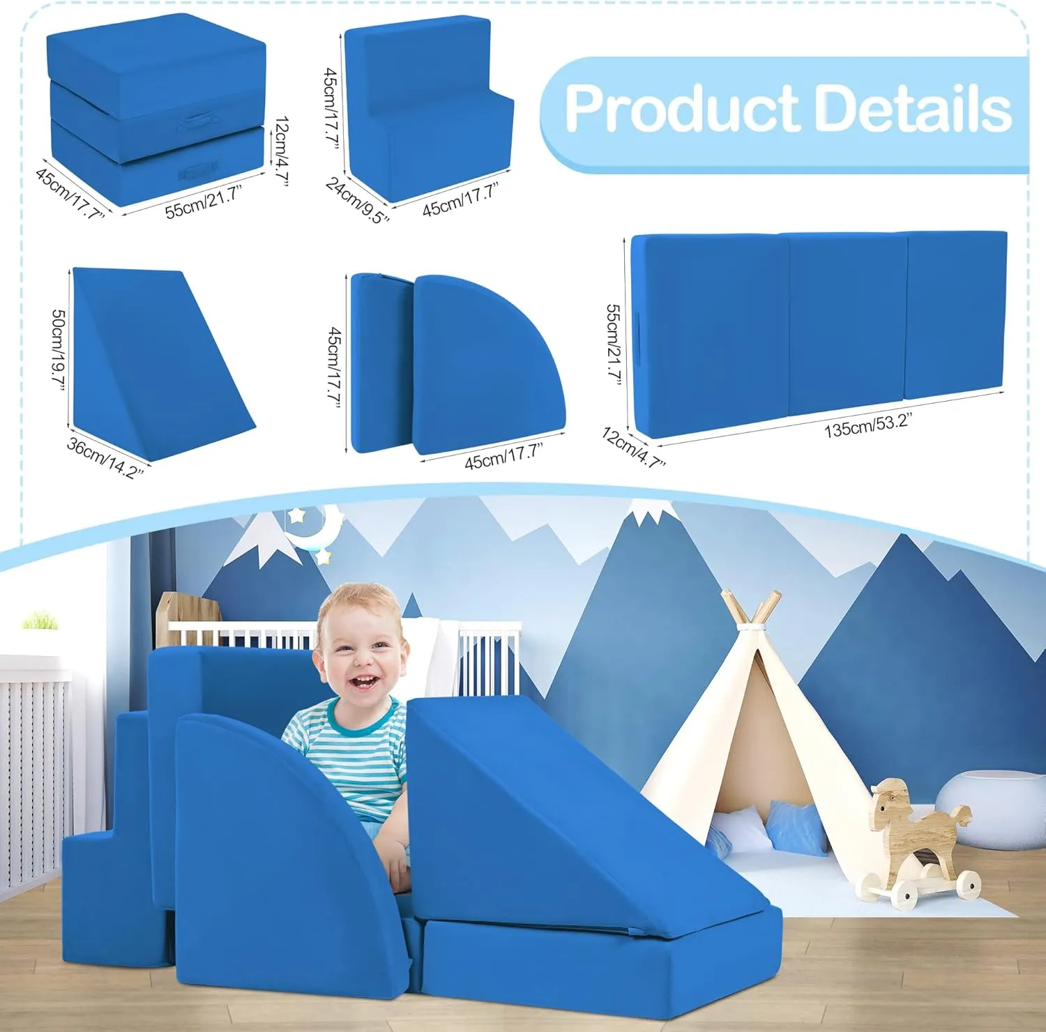 5pcs Foam Climbing Blocks for Toddlers 1-3, Safety First Baby Climbing Blocks Indoor,Soft Play Toys for Infant, Ideal Crawling and Exploration Play Set for Baby Gym/Toddler Playground(Navy)