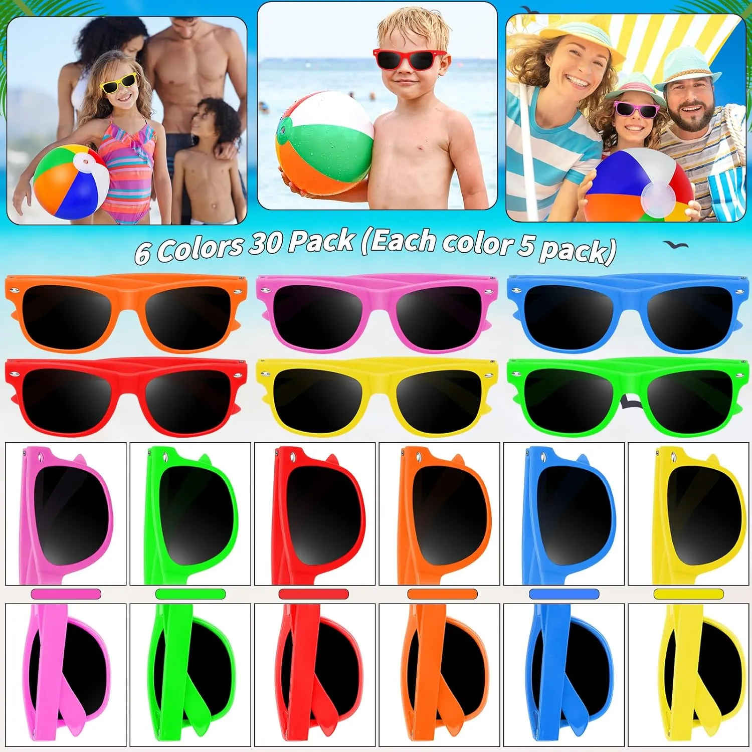 60 Pcs Kids Summer Beach Party Favors Sets- Includes 30 Inflatable Beach Balls Bulk, 30 Neon Sunglasses Bulk, Rainbow Colored Beach Ball Summer Pool Party Toys for Water Games Hawaiian Party