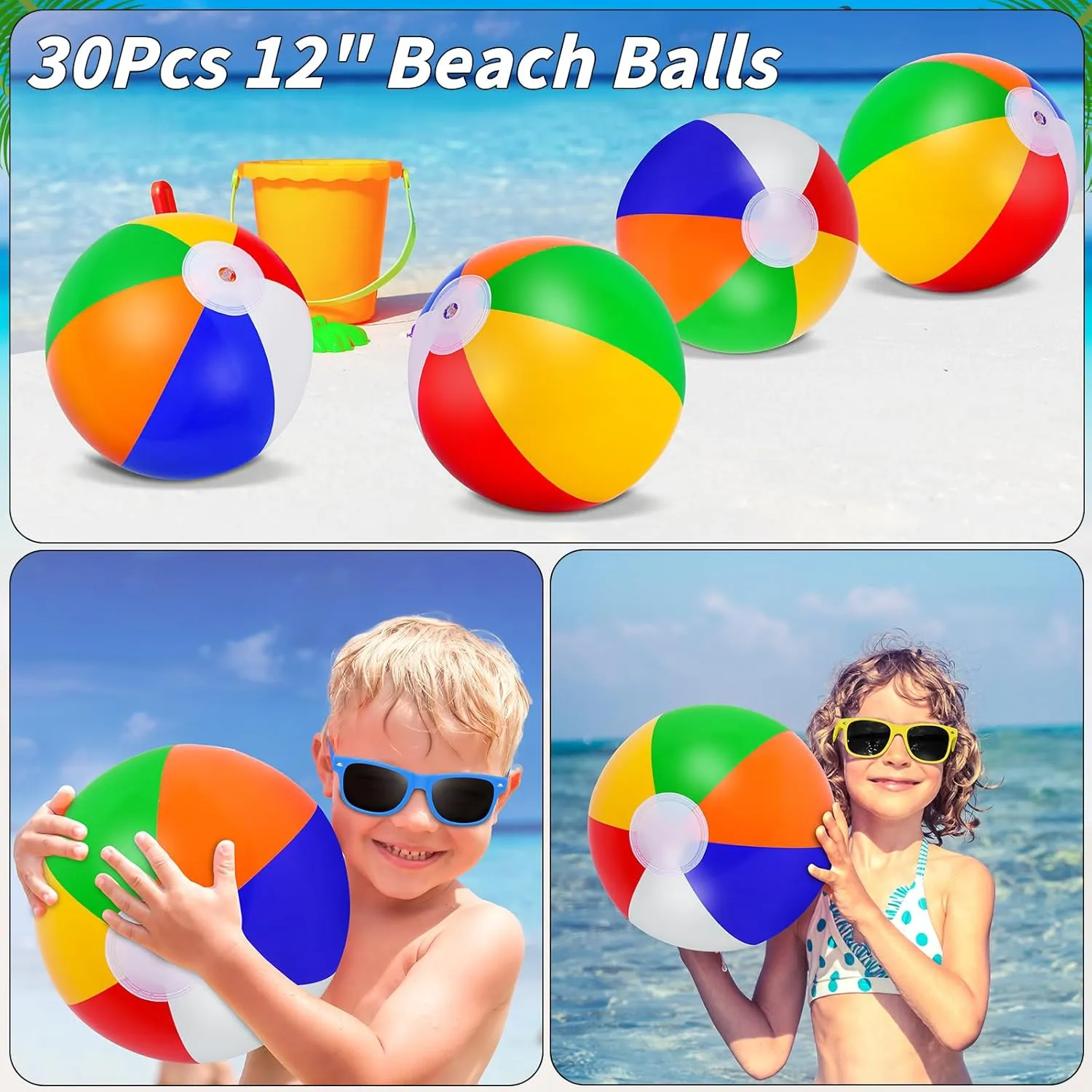 60 Pcs Kids Summer Beach Party Favors Sets- Includes 30 Inflatable Beach Balls Bulk, 30 Neon Sunglasses Bulk, Rainbow Colored Beach Ball Summer Pool Party Toys for Water Games Hawaiian Party