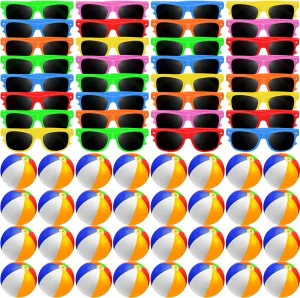 60 Pcs Kids Summer Beach Party Favors Sets- Includes 30 Inflatable Beach Balls Bulk, 30 Neon Sunglasses Bulk, Rainbow Colored Beach Ball Summer Pool Party Toys for Water Games Hawaiian Party