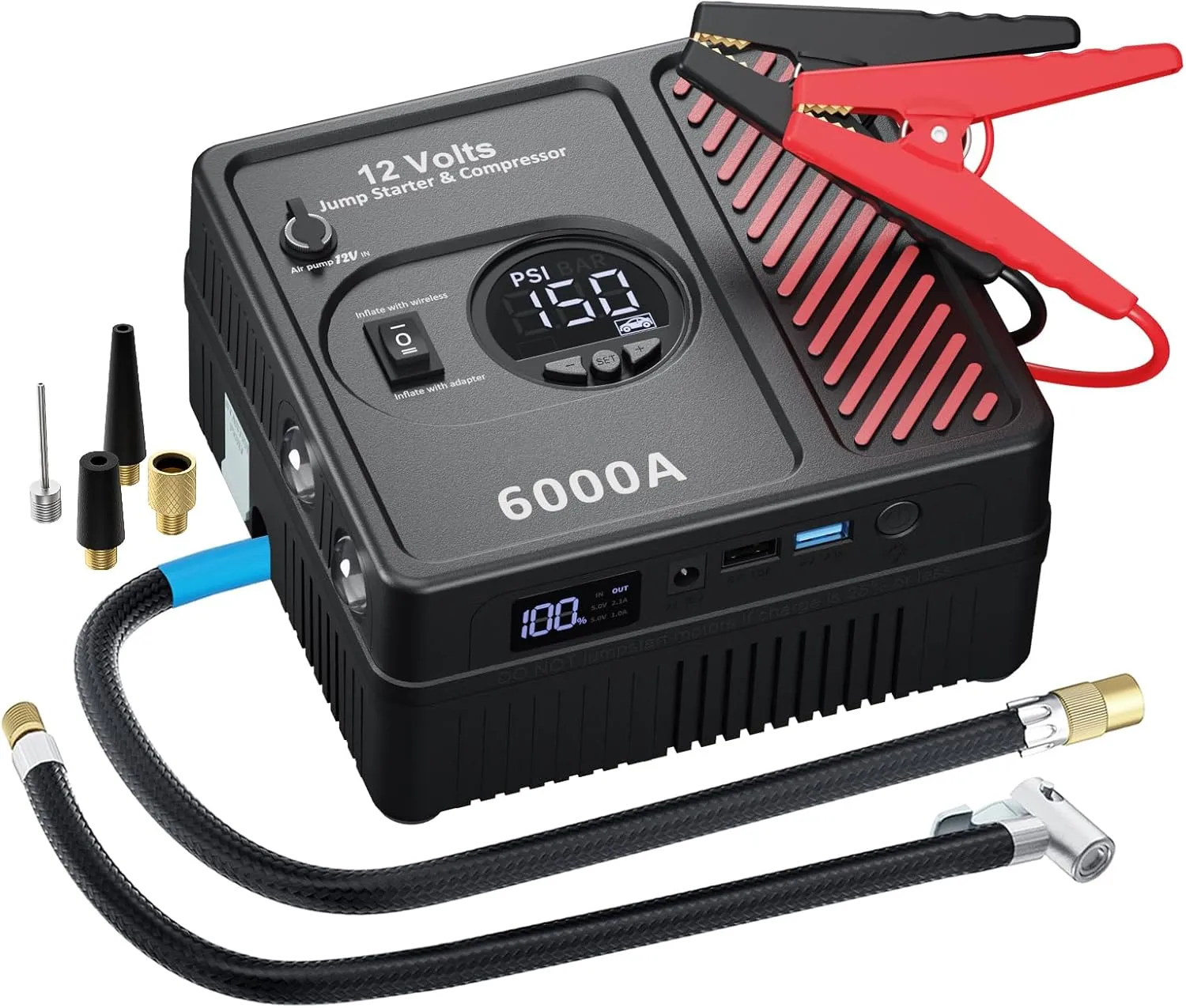 6000Amp Car Jump Starter with Air Compressor, 12V Safe Lithium Auto Battery Booster (up to 13.0 L Gas and 13.0 L Diesel Engine), 150 PSI Air Pump, Built-in 2 USB Ports and 2 LED Light
