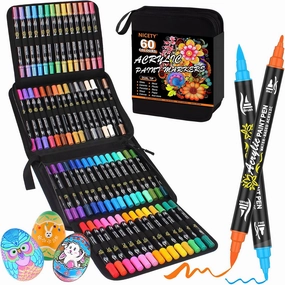 60 Colors Acrylic Paint Markers, Dual Tip Acrylic Paint Pens with Fine Tip and Brush Tip Pens for Rock Painting, Canvas, Wood, Ceramic, Glass, Stone, Fabric, DIY Crafts & Art Supplies