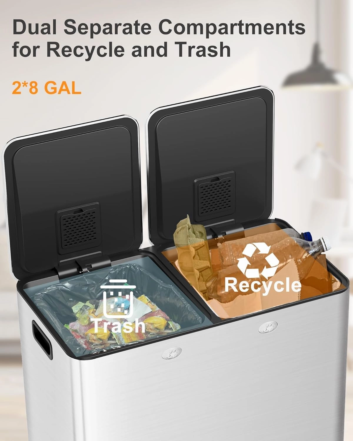 60L/16 Gal Kitchen Trash Can with Separate Lids,2×8 Gal Pedal Trash Bin with Removable Basket,Stainless Steel Garbage Can for Kitchen Office Restaurant