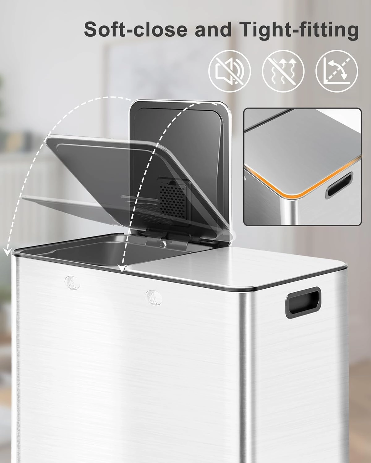 60L/16 Gal Kitchen Trash Can with Separate Lids,2×8 Gal Pedal Trash Bin with Removable Basket,Stainless Steel Garbage Can for Kitchen Office Restaurant