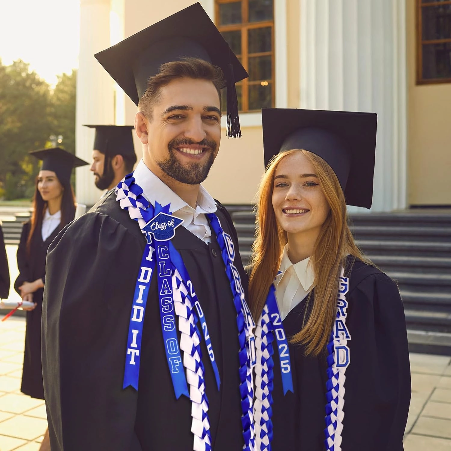 63'' Graduation Lei 2025 Handmade Double Braided Ribbon Necklace with Tassel & Number Patch Class of 2025 Honor Cord Gift Set Money Leis Kit for College Graduation Party(Blue,White)