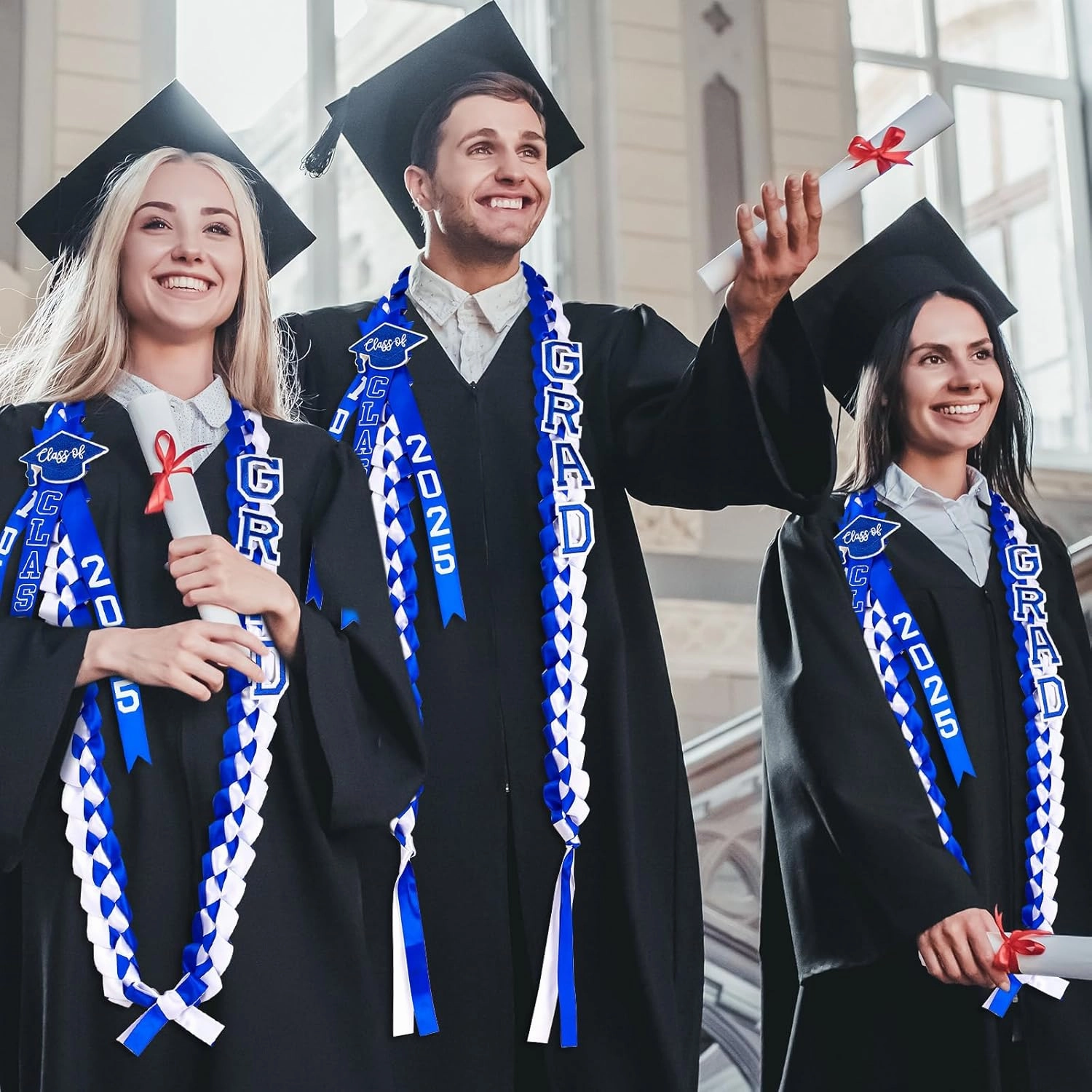 63'' Graduation Lei 2025 Handmade Double Braided Ribbon Necklace with Tassel & Number Patch Class of 2025 Honor Cord Gift Set Money Leis Kit for College Graduation Party(Blue,White)