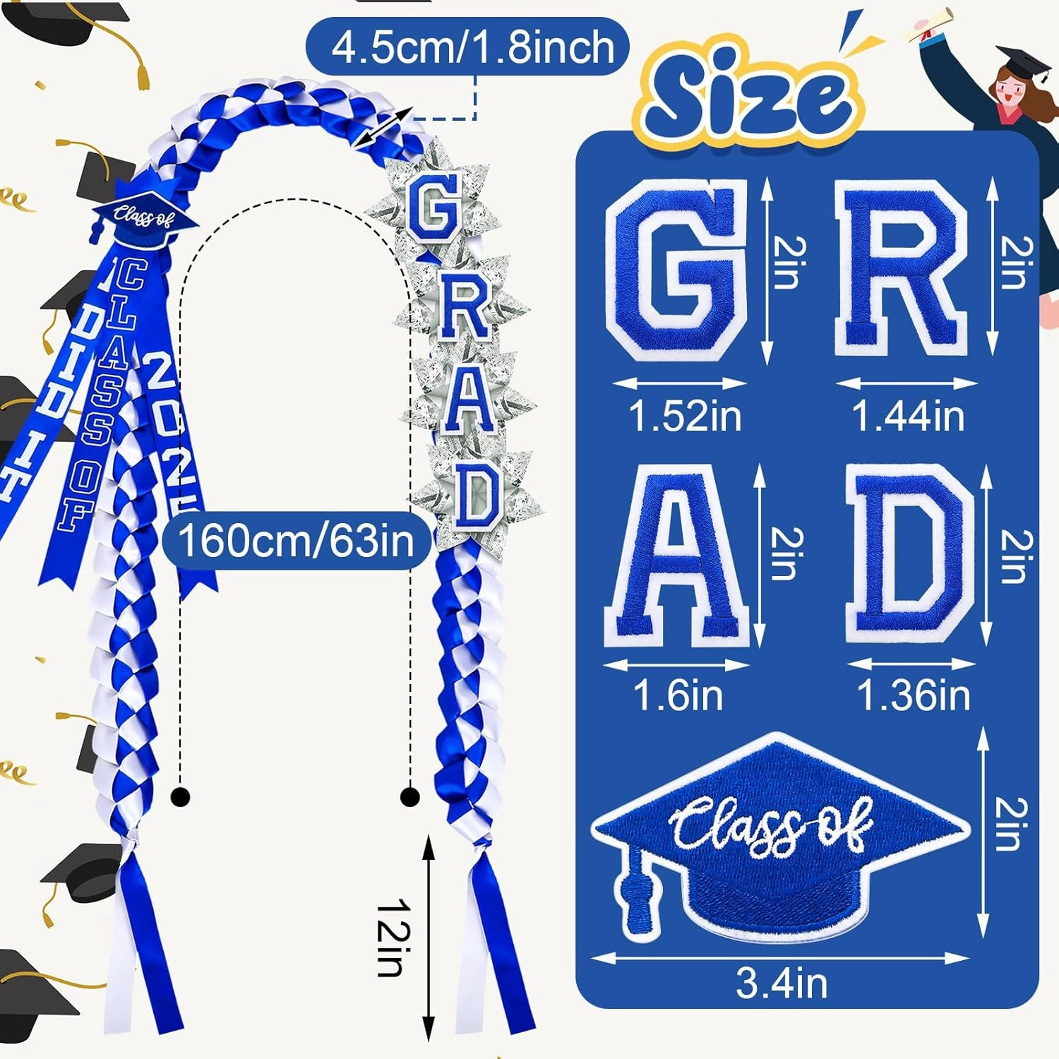63'' Graduation Lei 2025 Handmade Double Braided Ribbon Necklace with Tassel & Number Patch Class of 2025 Honor Cord Gift Set Money Leis Kit for College Graduation Party(Blue,White)