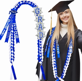 63'' Graduation Lei 2025 Handmade Double Braided Ribbon Necklace with Tassel & Number Patch Class of 2025 Honor Cord Gift Set Money Leis Kit for College Graduation Party(Blue,White)