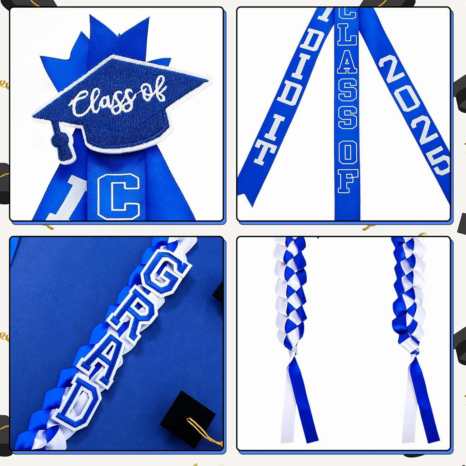 63'' Graduation Lei 2025 Handmade Double Braided Ribbon Necklace with Tassel & Number Patch Class of 2025 Honor Cord Gift Set Money Leis Kit for College Graduation Party(Blue,White)