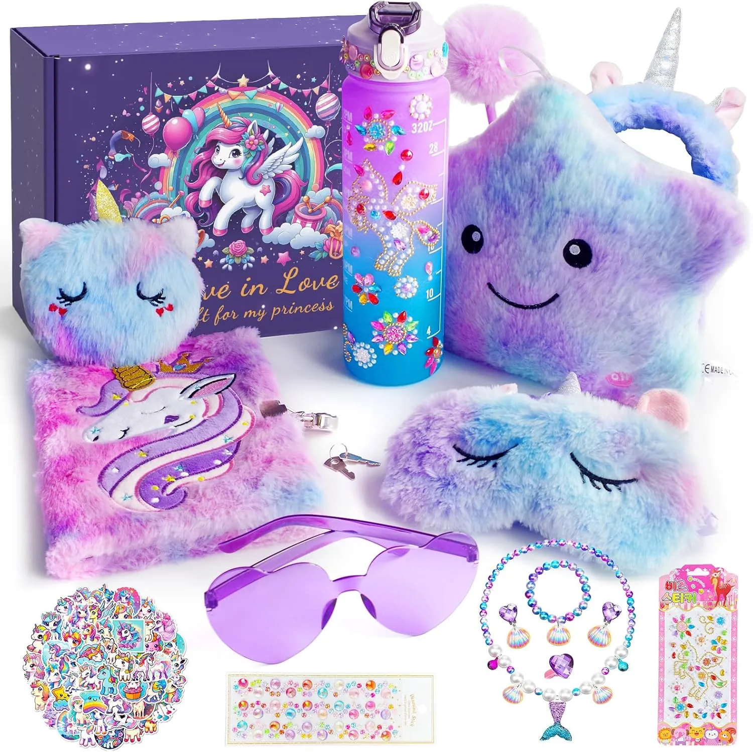 64pcs Unicorn Gifts Toys for Girls Kids Toys 5 6 7 8 9 10  Years Old Halloween Thanksgiving Christmas Birthday Gifts Box with Star Light Up Pillow Stuffed Diary with Lock Headband Water Bottle sticker